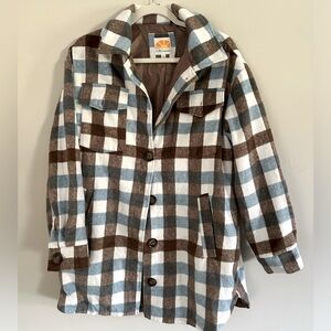C&C California Blue & Brown Plaid Oversized Button Front Shacket, Size S